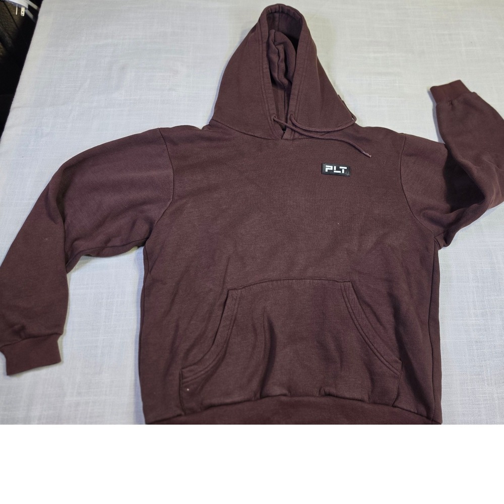 PrettyLittleThing PLT Brown Hoodie Pullover Logo Patch Sweatshirt Mens Medium